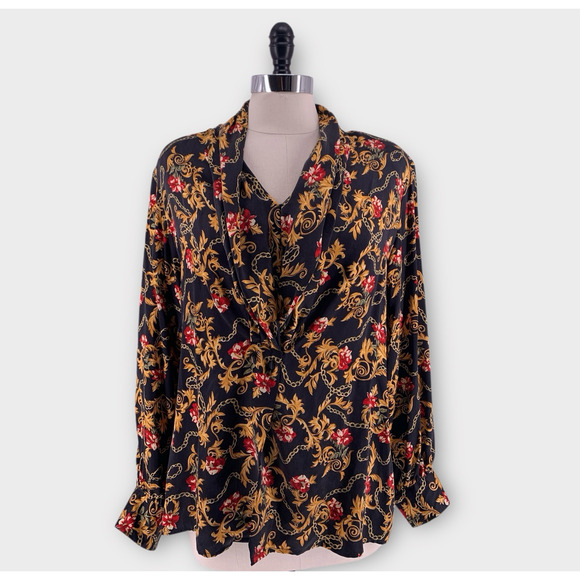 Vintage Silk Blouse Black Gold Key Baroque Chain Floral Print Top Saks 12 - Picture 2 of 14